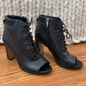 Vince Camuto black leather lace up peep toe boots